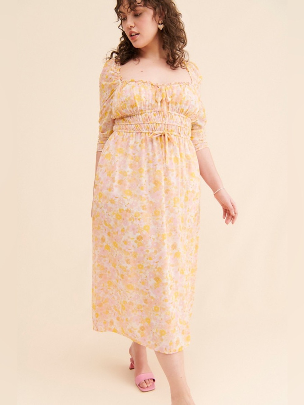 For love and lemons Eden‎ Floral Midi Dress pink yellow ruched bow sleeves XS - Picture 13 of 15